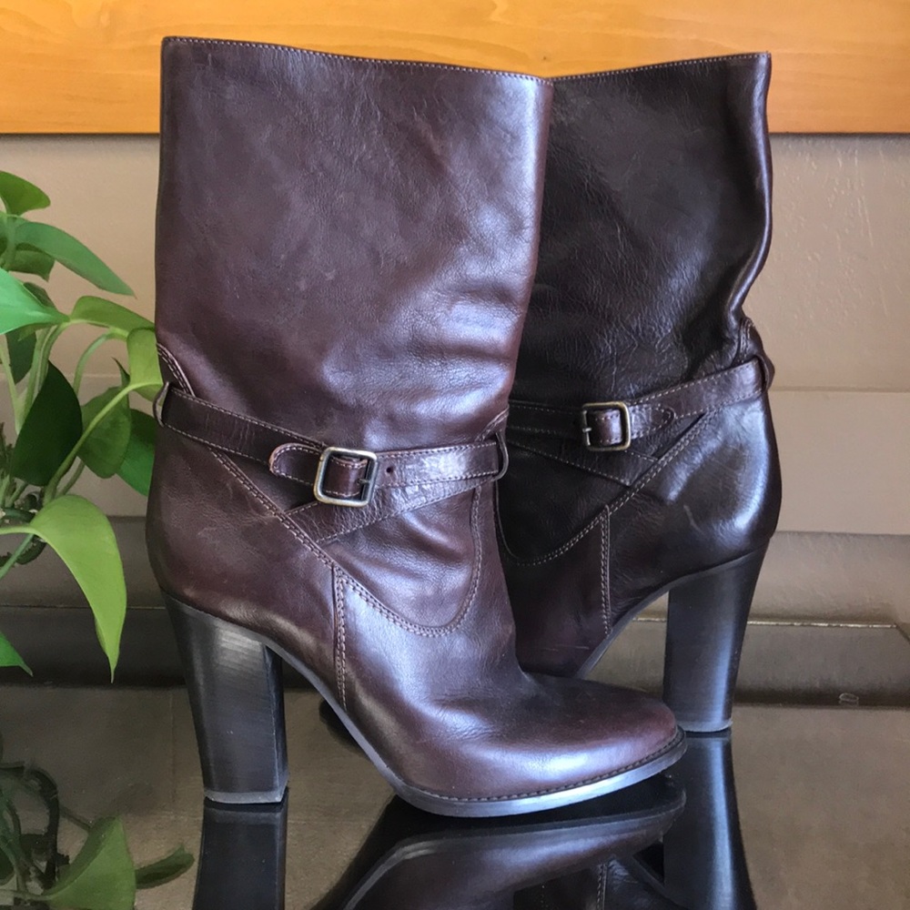 J.CREW TENLEY VACHETTA BROWN MIDI CALF HEEL BOOTS